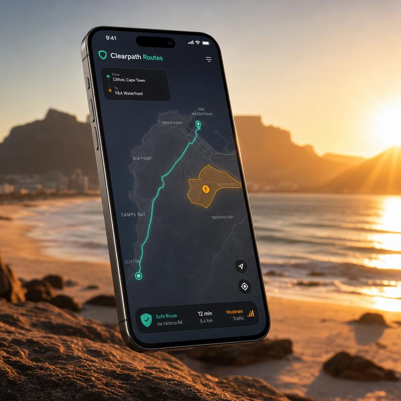 Clearpath Routes app showing a safe route through Cape Town with danger zones highlighted